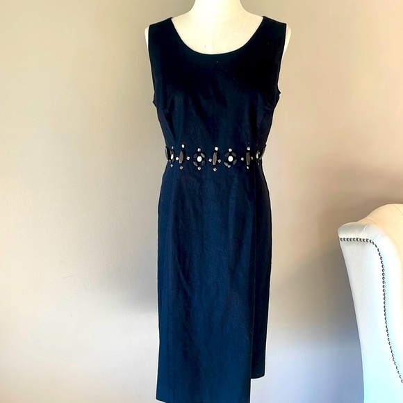 Oscar de la Renta Dresses & Skirts - OSCAR de la RENTA linen beaded waist black shift dress sleeveless lined size 14